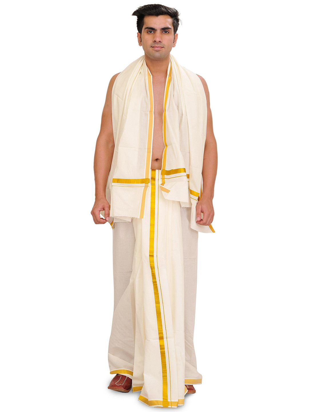 Exotic India Men Ivory Kasavu Dhoti and Veshti Set from Kerala with Zari Woven Border