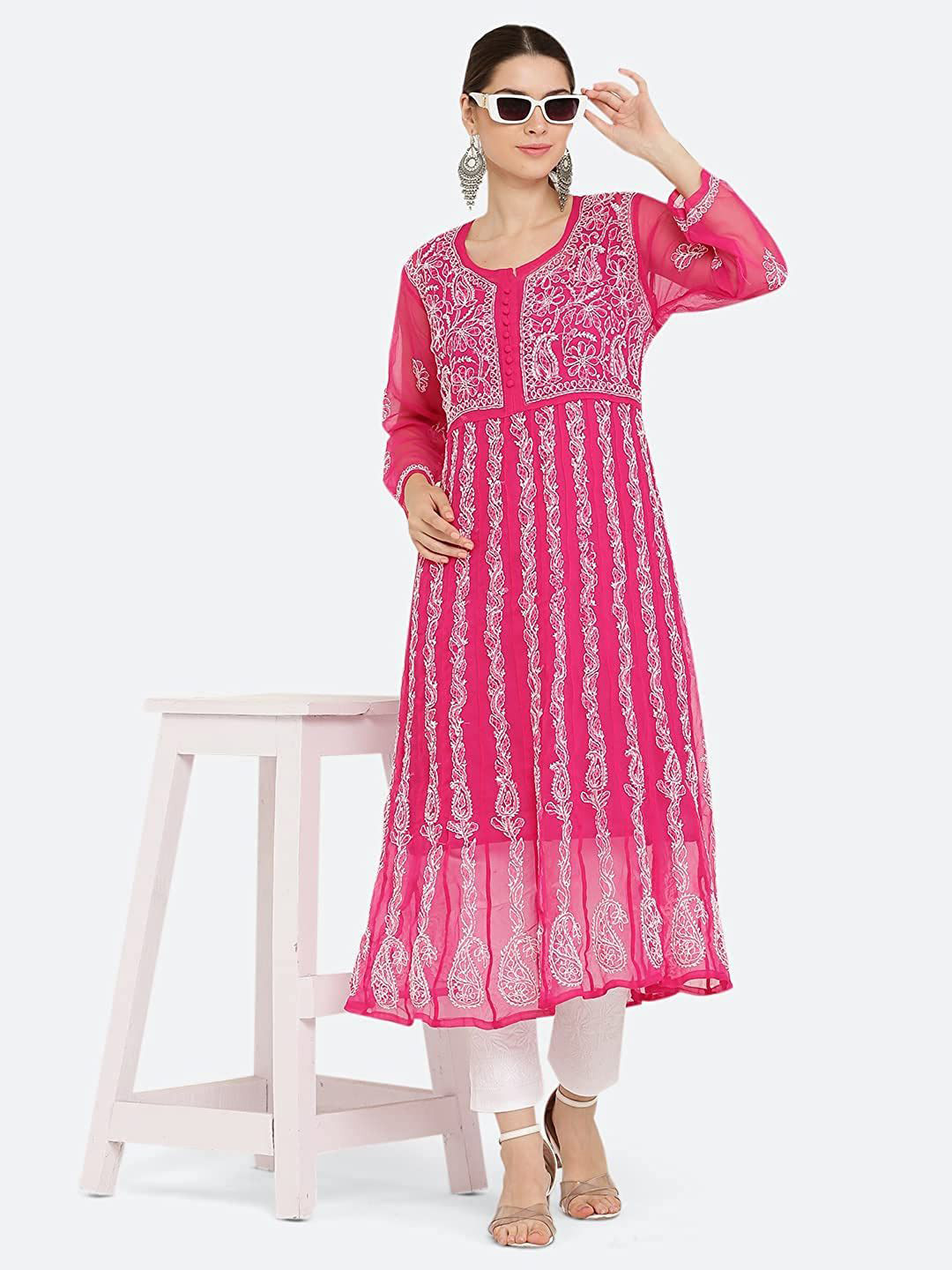 KHAKA Embroidered Chikankari Pure Georgette Handloom Chikankari Anarkali Kurti