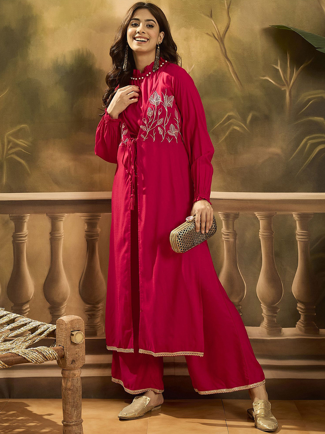 Sangria Embroidered Shrug Crop Top With Palazzos Co-Ords