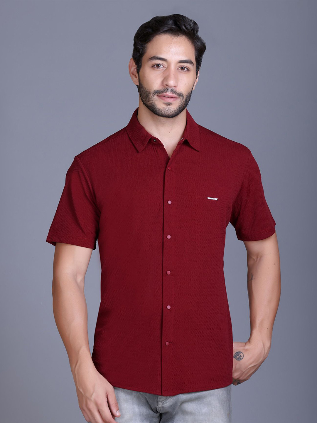 Parcel Yard Men Classic Fit Textured Spread Collar Cotton Casual Shirt