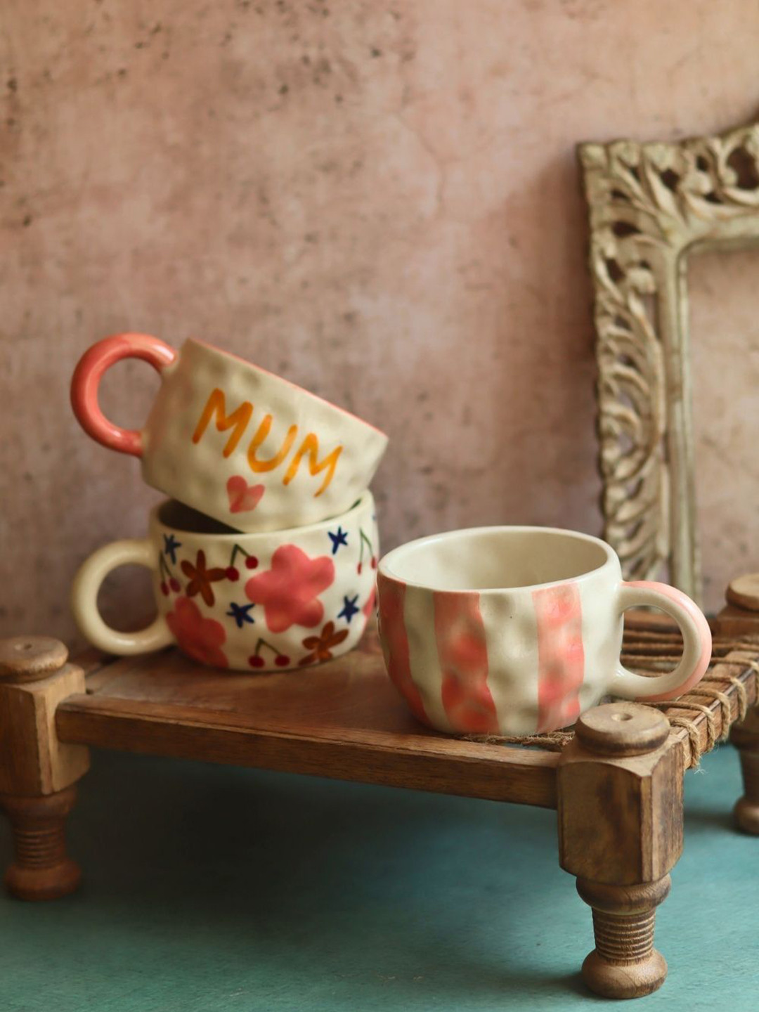 WEAVING HOMES Off White & Yellow 3 Pieces Printed Ceramic Glossy Mugs