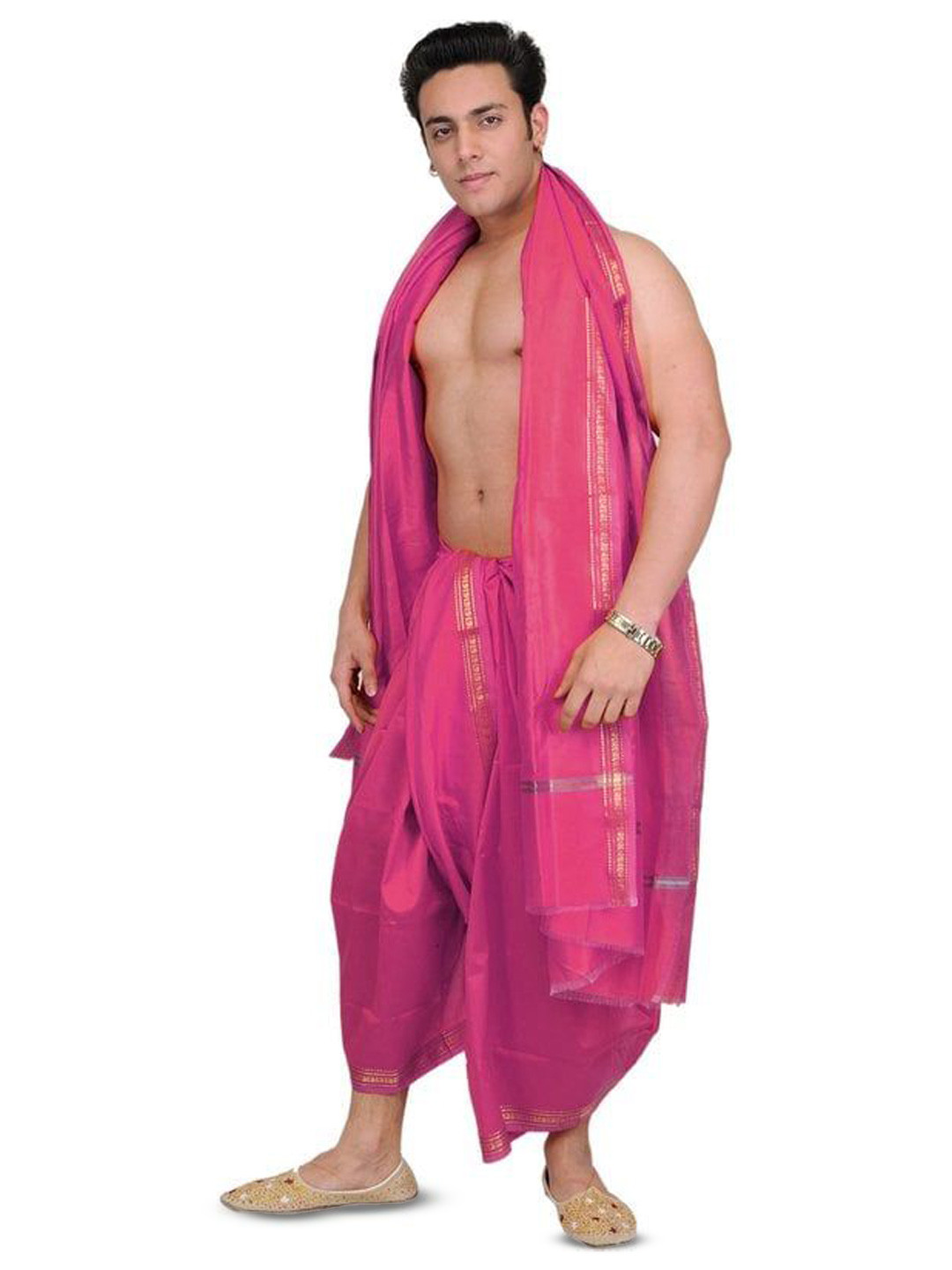 Exotic India Men Dhoti and Angavastram set with Golden Woven Paisley on Border