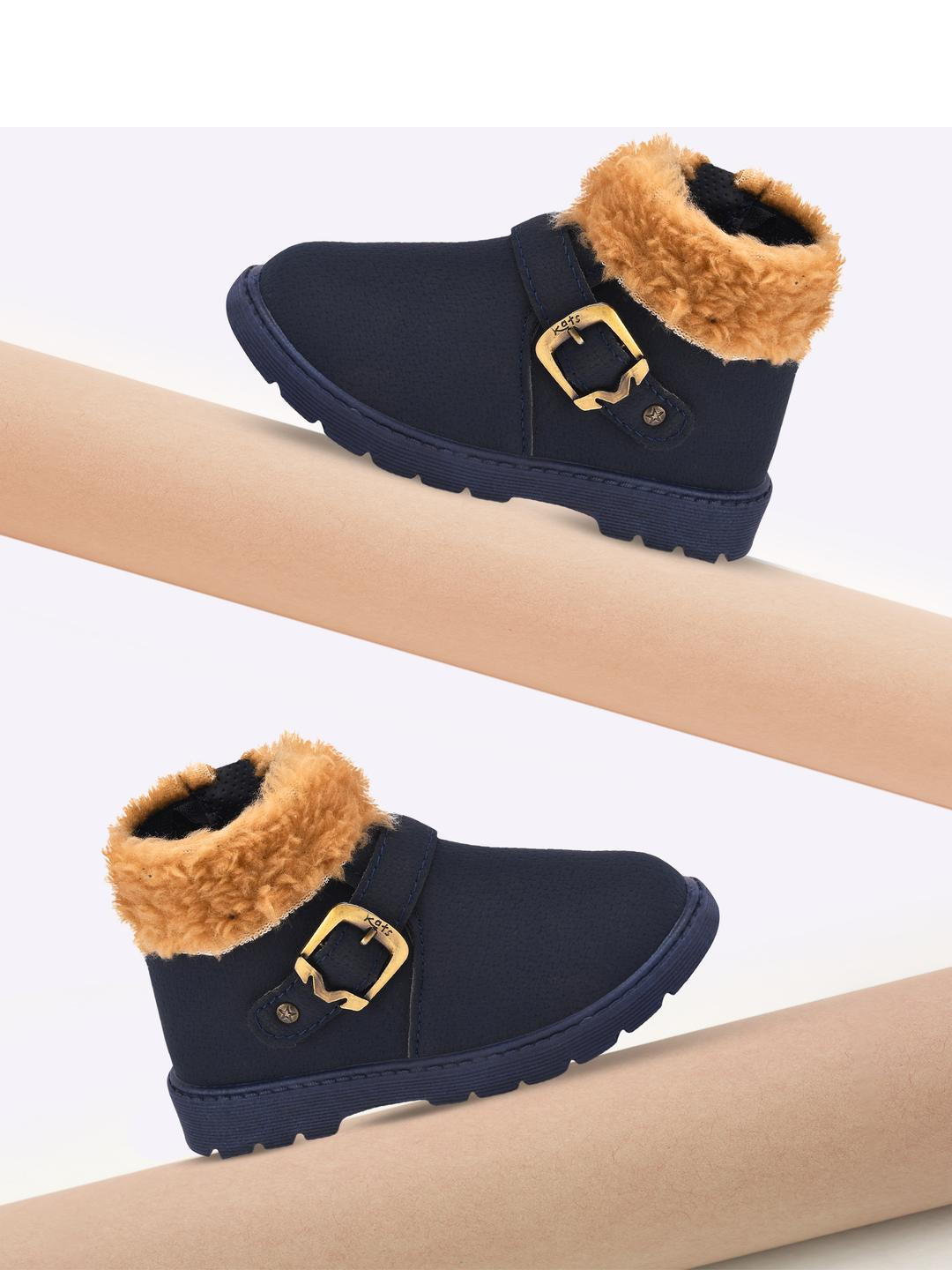 KATS Kids-Unisex Solid Faux Fur Trim Boots