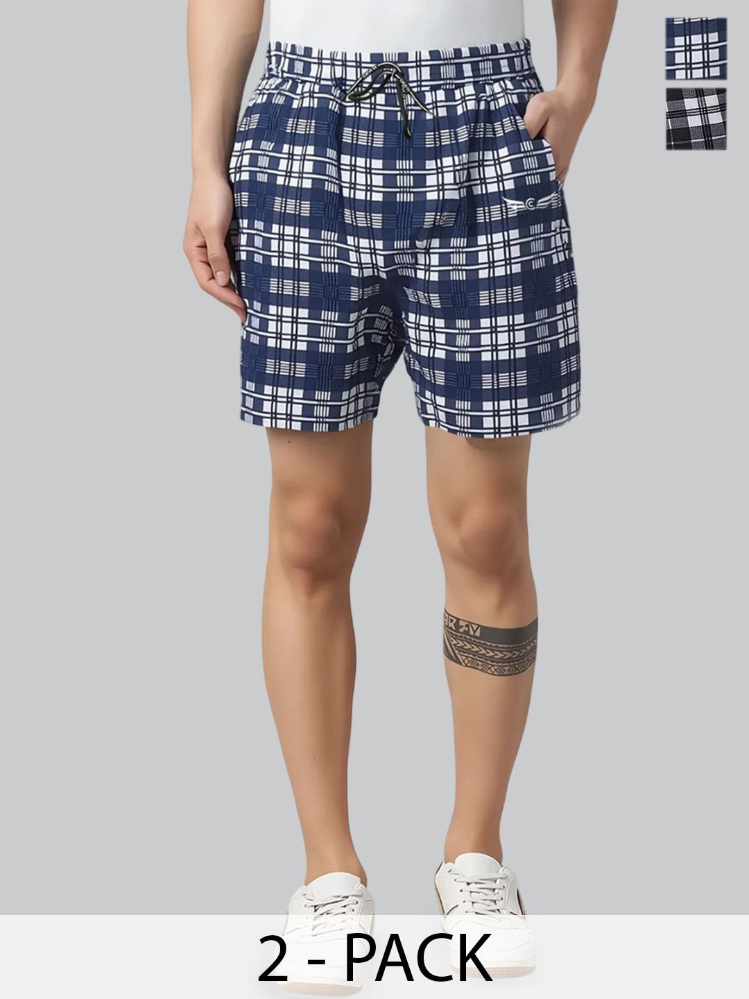 CHROME & CORAL Men Pack of 2 Checked Regular Fit Mid-Rise Shorts