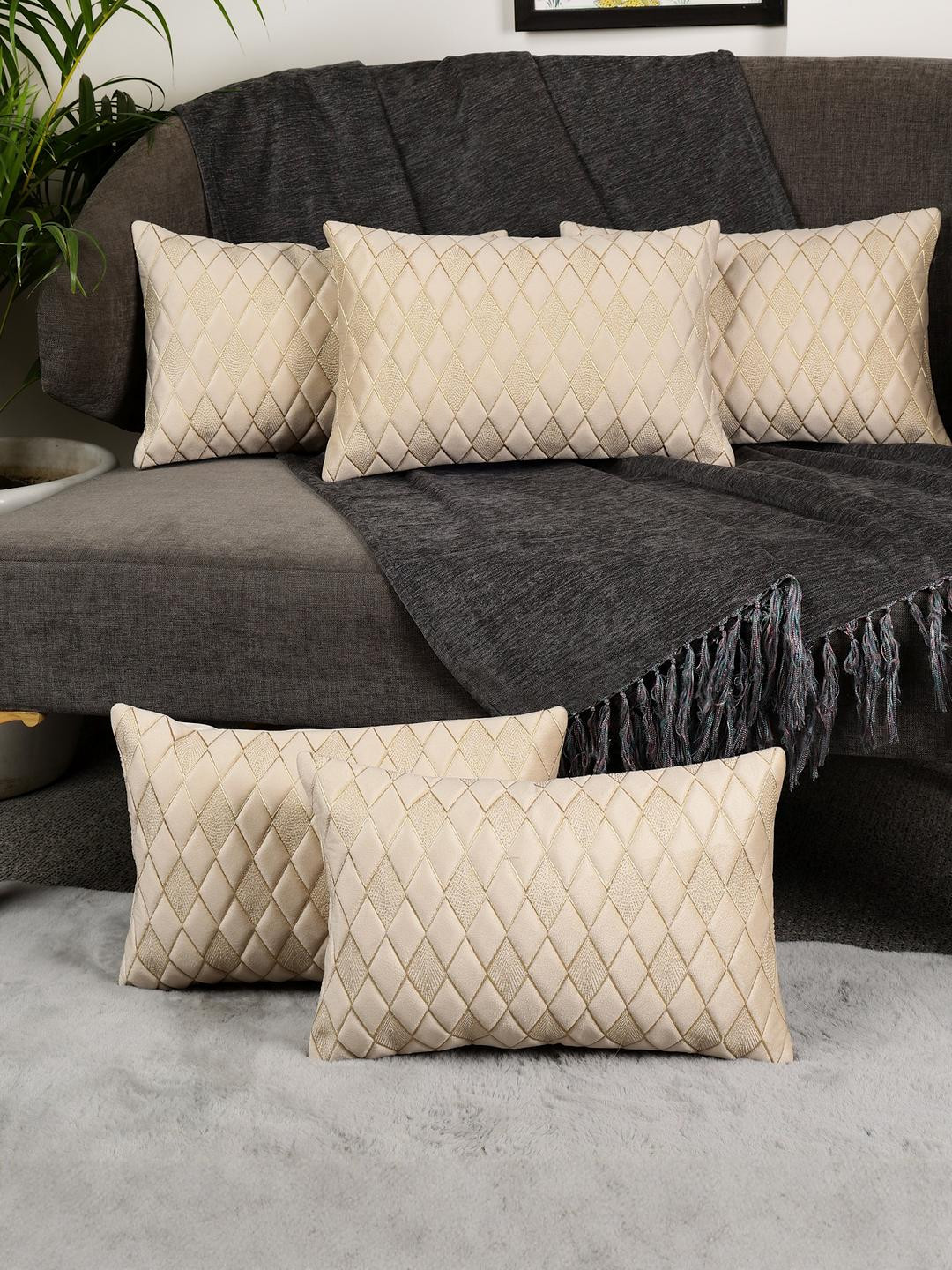 TANLOOMS Pack Of 5 Cream And Gold Embroidered Velvet Rectangle Cushion Cover