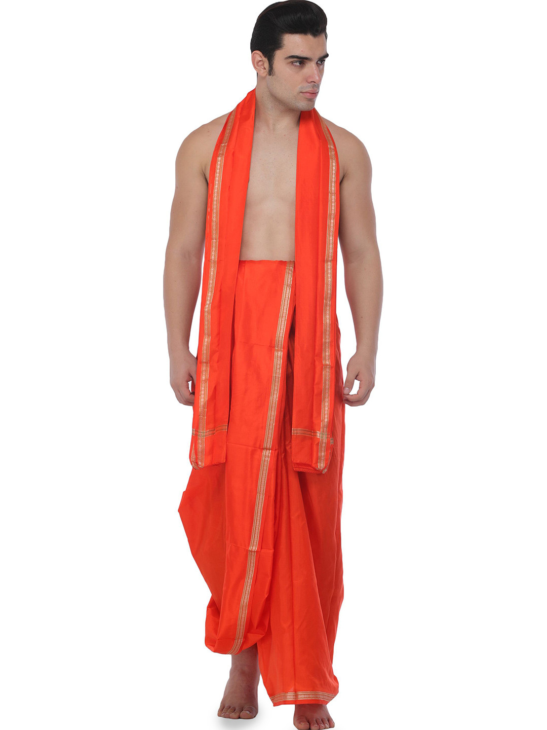 Exotic India Pure Silk Traditional Dhoti and Angavastram set for Puja