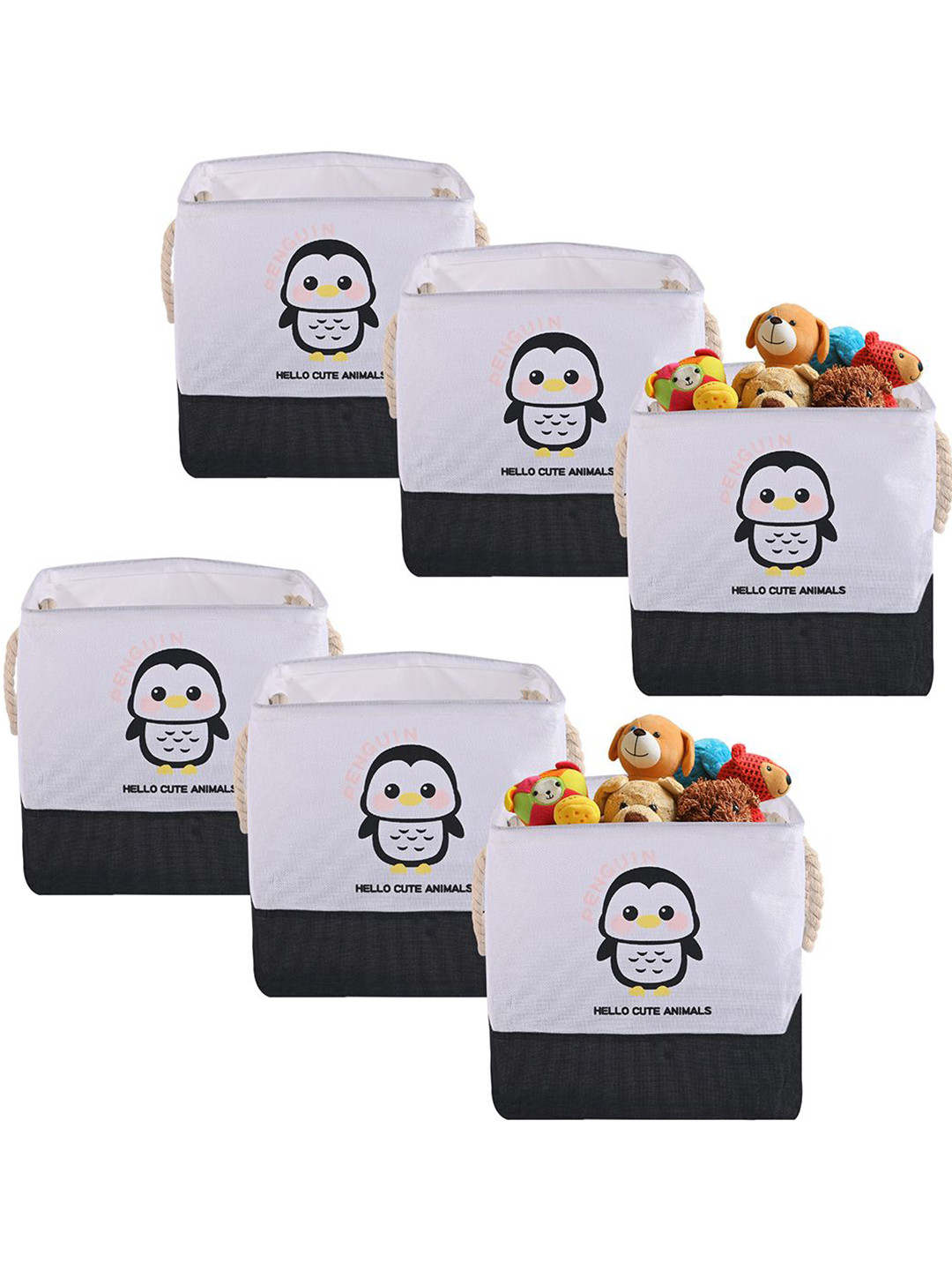 Aura Pack Of 6 Black & White Penguin Design Storage Basket With Handle