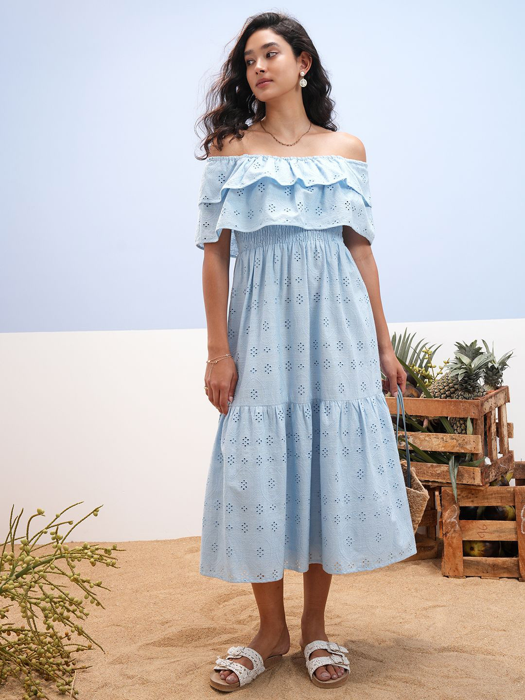 Vara By Vishudh Off-Shoulder Layered Smocked Cotton Schiffli Fit & Flare Midi Dress