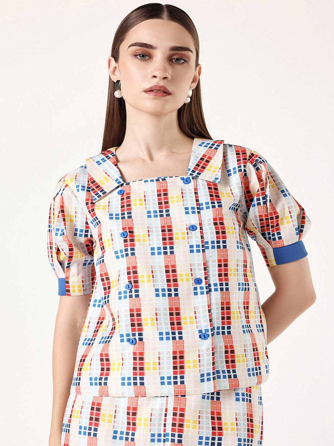 Muvazo Printed Square Neck Shirt With Skirt Co-Ords