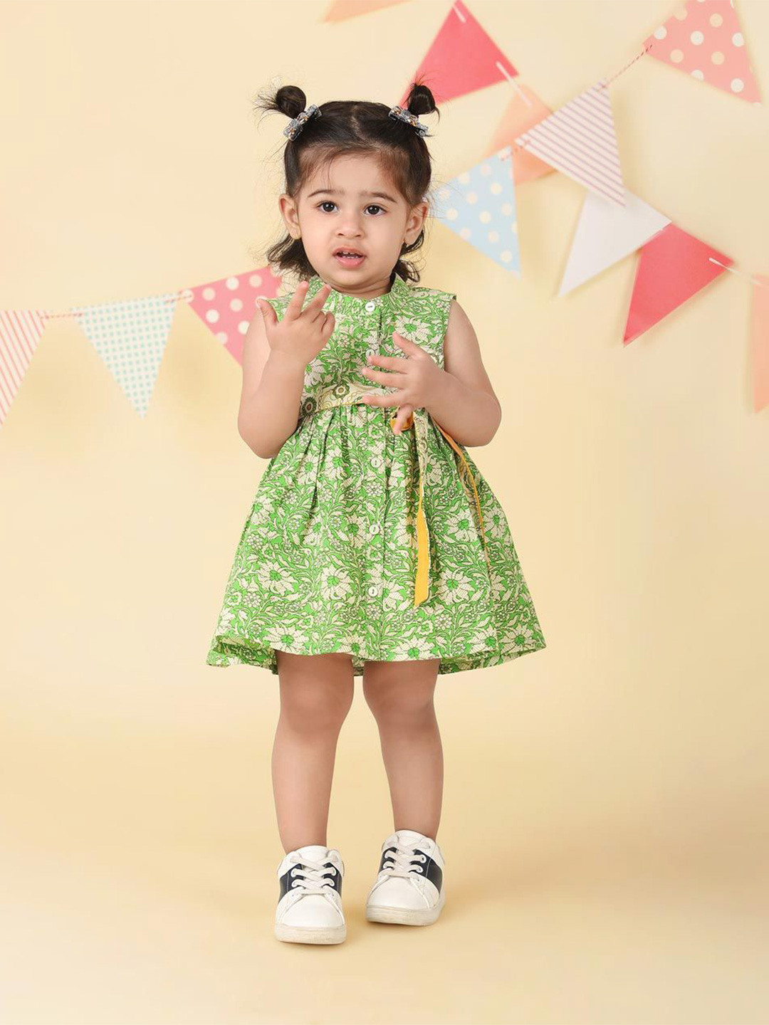 Fabindia Girls Tropical Print Round Collar Fit & Flare Dress