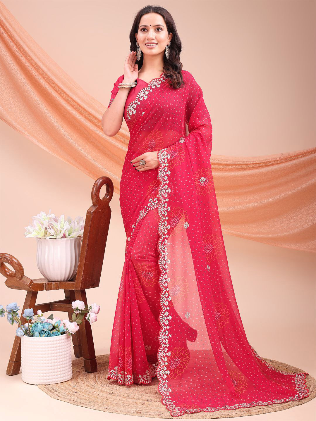 Mitera Bandhani Printed Embroidered Saree With Matching Blouse Piece