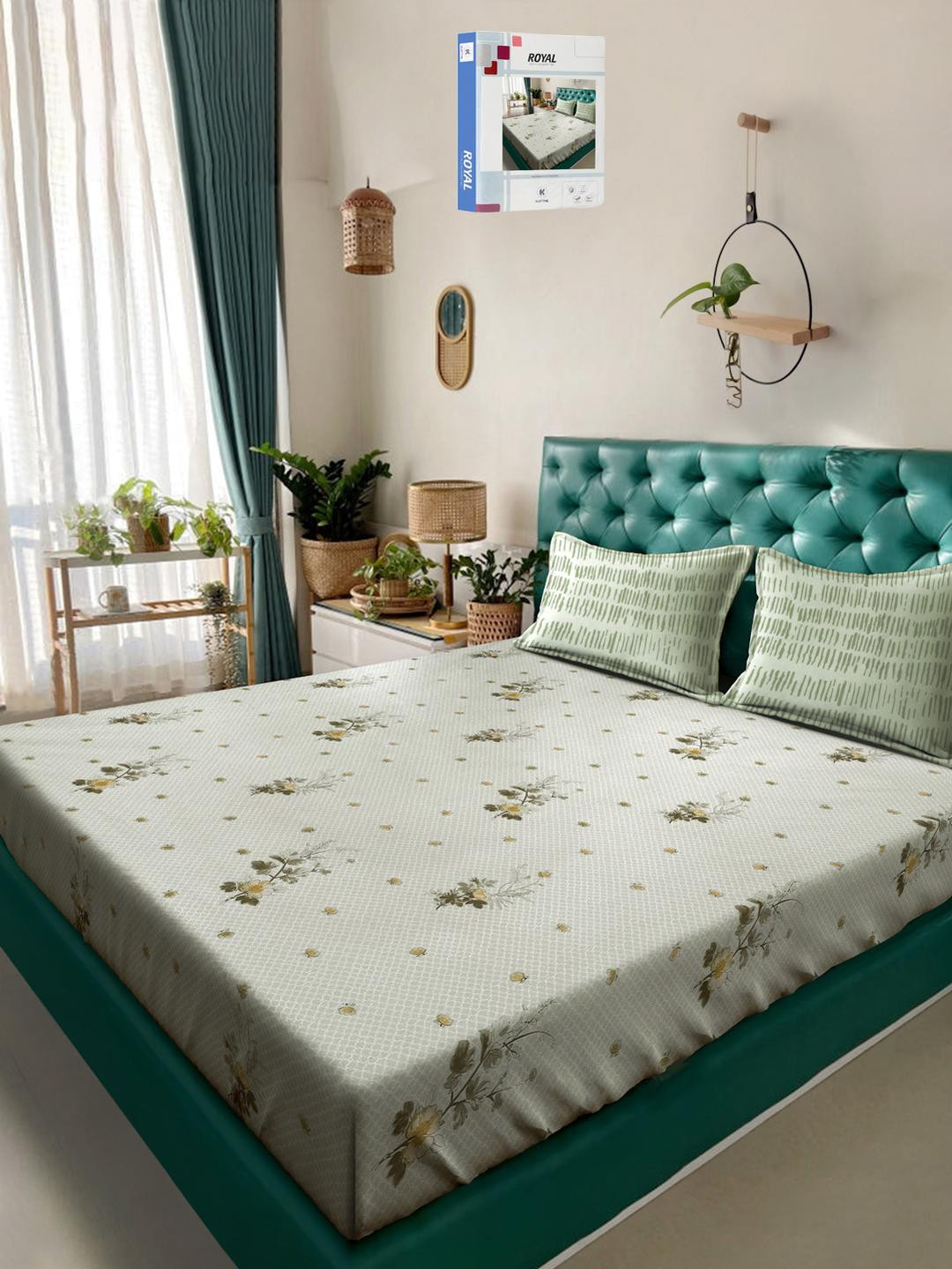 KLOTTHE Green And Yellow Floral Printed Cotton 400 TC Double Bedsheet Set 2.50 m x 2.20 m