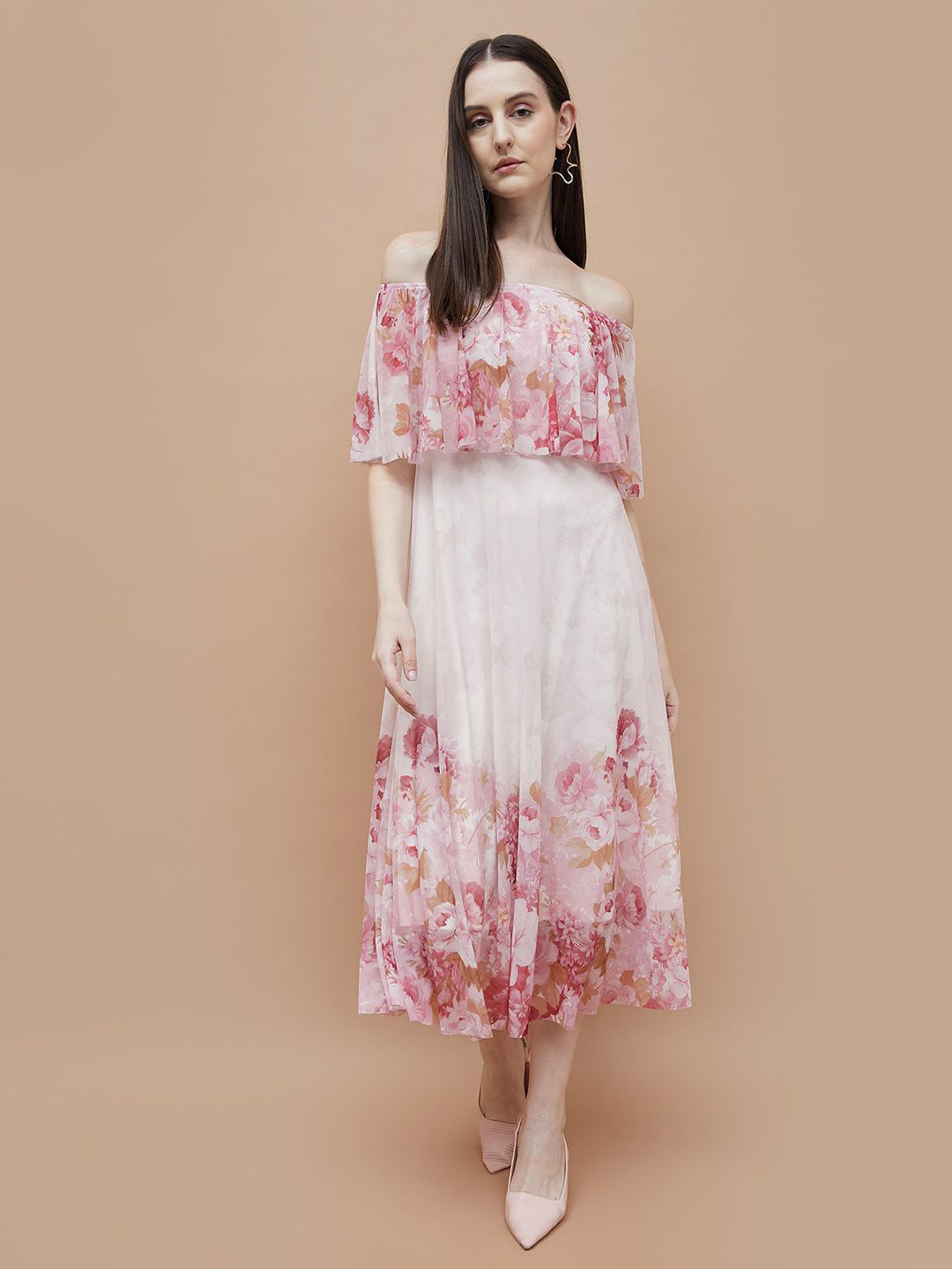 CODE by Lifestyle Women Floral Printed Off-Shoulder Cape Sleeve Fit & Flare Midi Dress