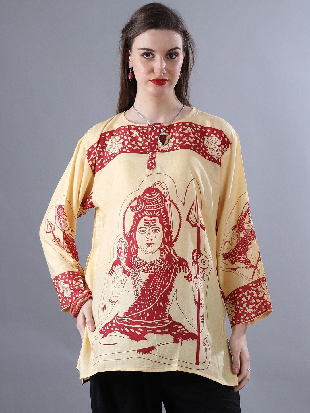 Exotic India Women Mahadev Printed Full Sleeves Short Kurti