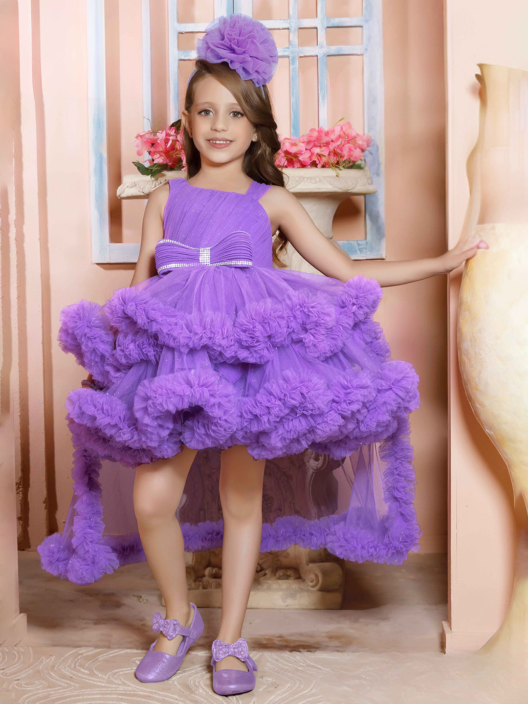 Lagorii Grls Self Design Bow Ruffle Sleeveless Party A-Line Dress