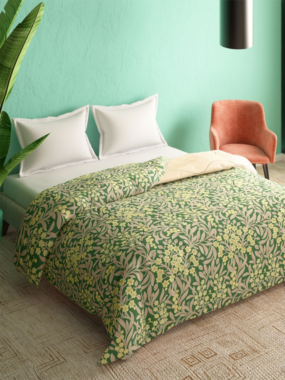 Portico Green & Cream Ethnic Motifs Heavy Winter 300 GSM Cotton Double Bed Comforter