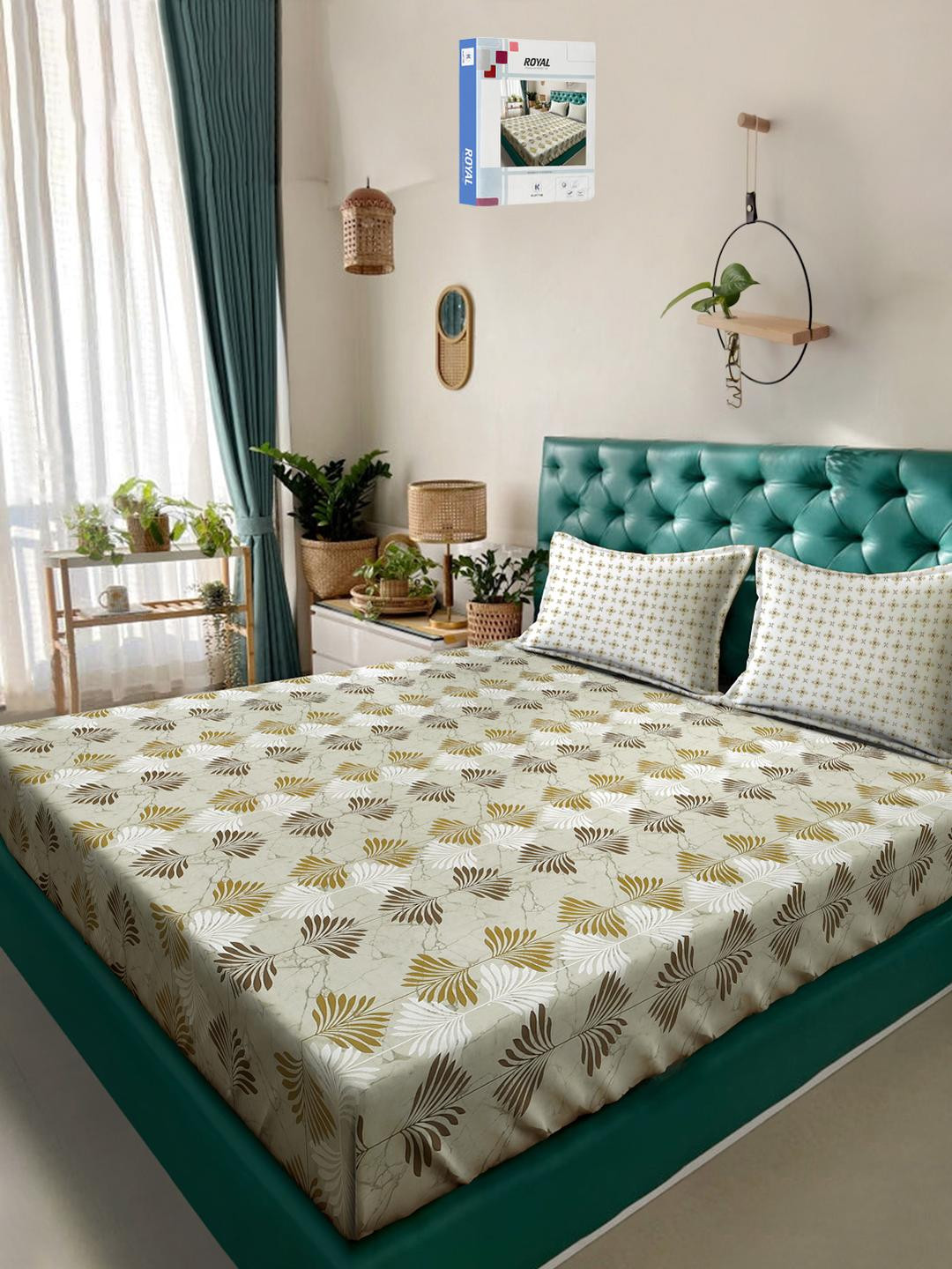 KLOTTHE Olive & White Floral Printed Cotton 400 TC King Bedsheet Sets 2.5 m x 2.25 m