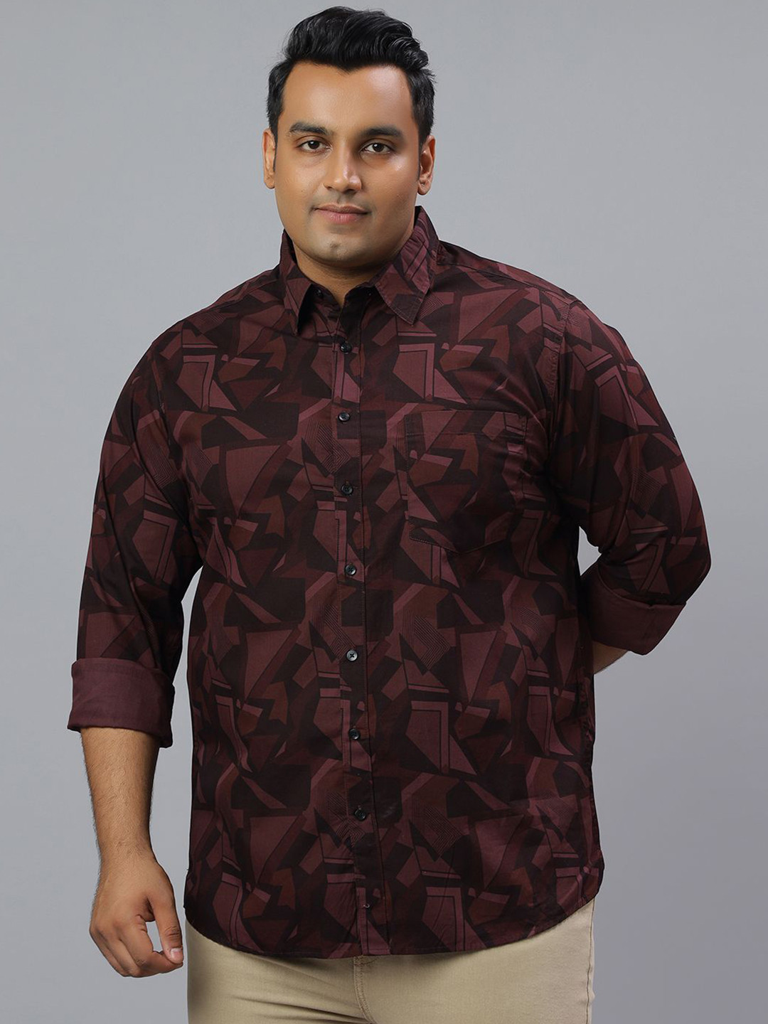 NEON CHILLIE Men Plus Size Comfort Fit Geometric Printed Spread Collar Cotton Casual Shirt