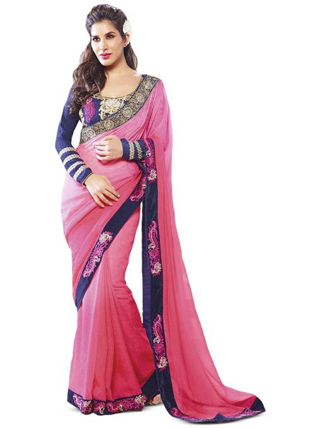 Exotic India Designer Saree with Zari-Embroidered Floral Patch Border and Crystals