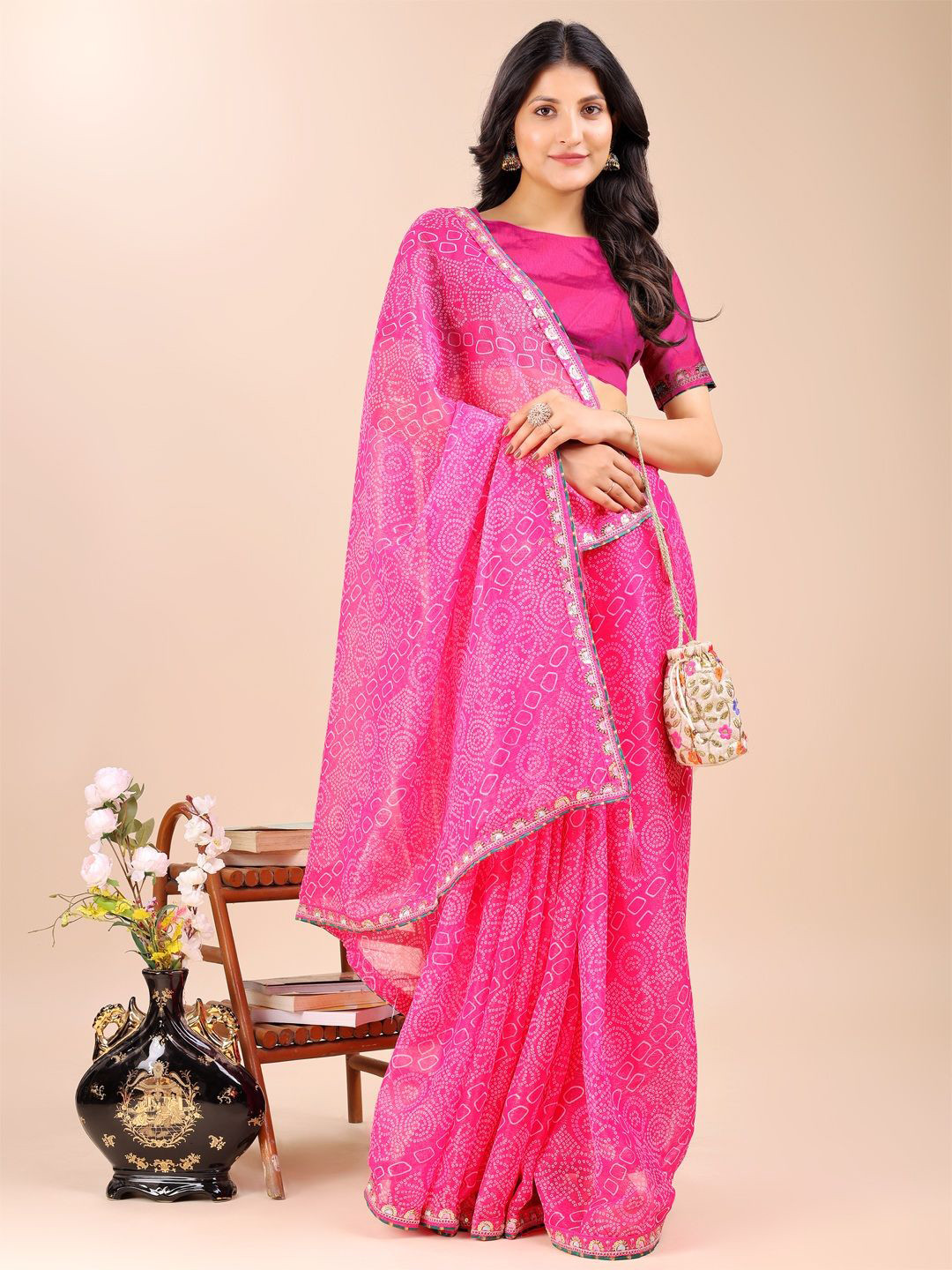 TINA FASHION Bandhani Print Embellished Saree