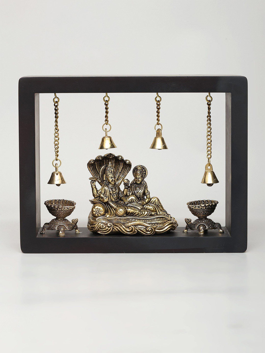 Exotic India Narayan Seated on Sheshnag with Tortoise Diya Brass Spiritual Wall Decor-2.8In