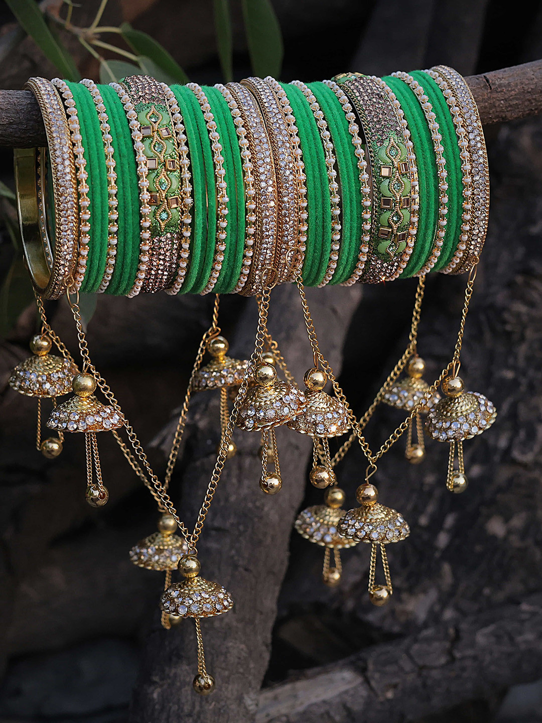 Amika Set Of 42 Gold-Plated Stone-Studded & Beaded Bangles