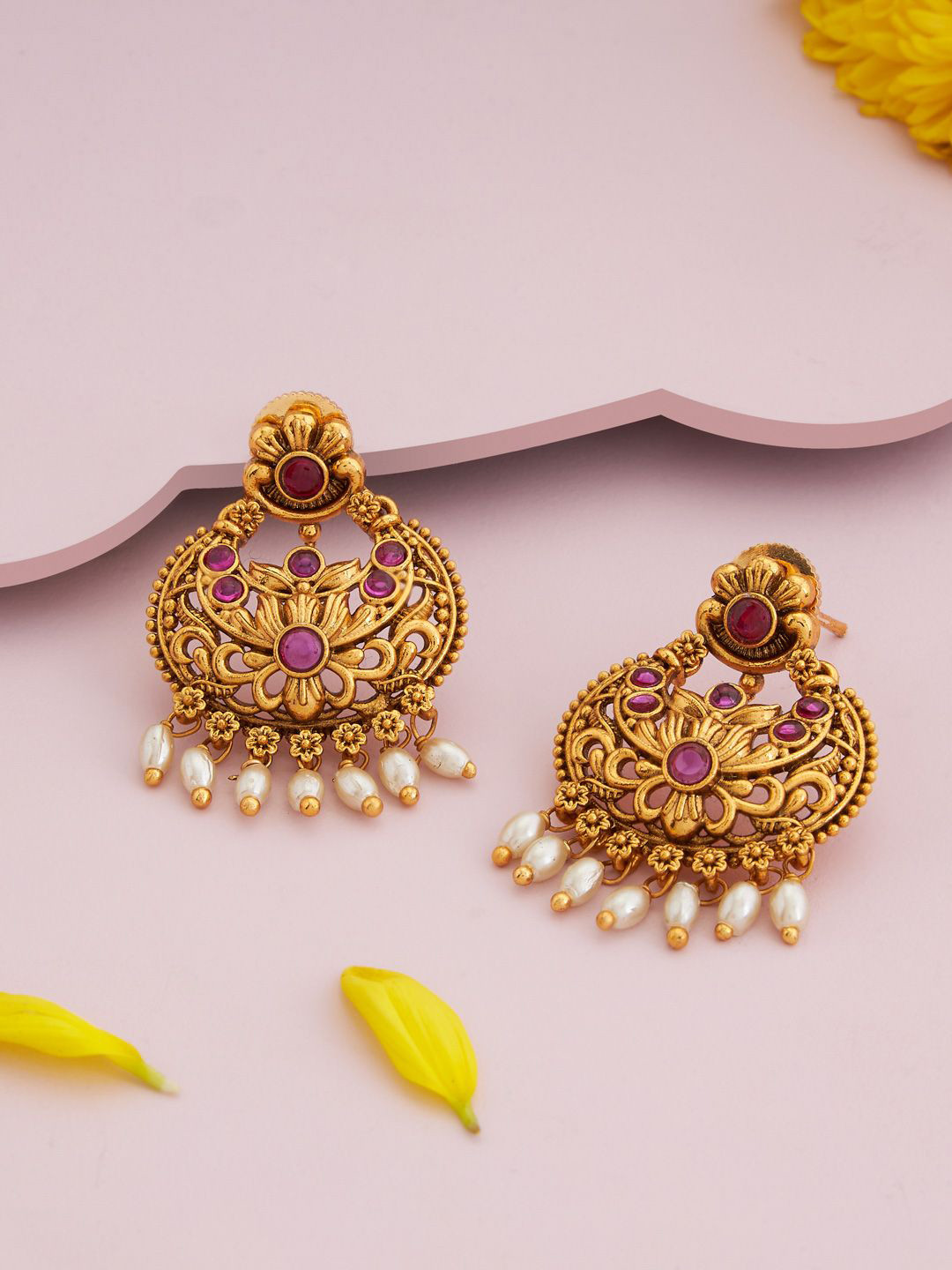 Kushal's Fashion Jewellery Gold-Plated Crescent Shaped Ruby Antique Chandbalis Earrings