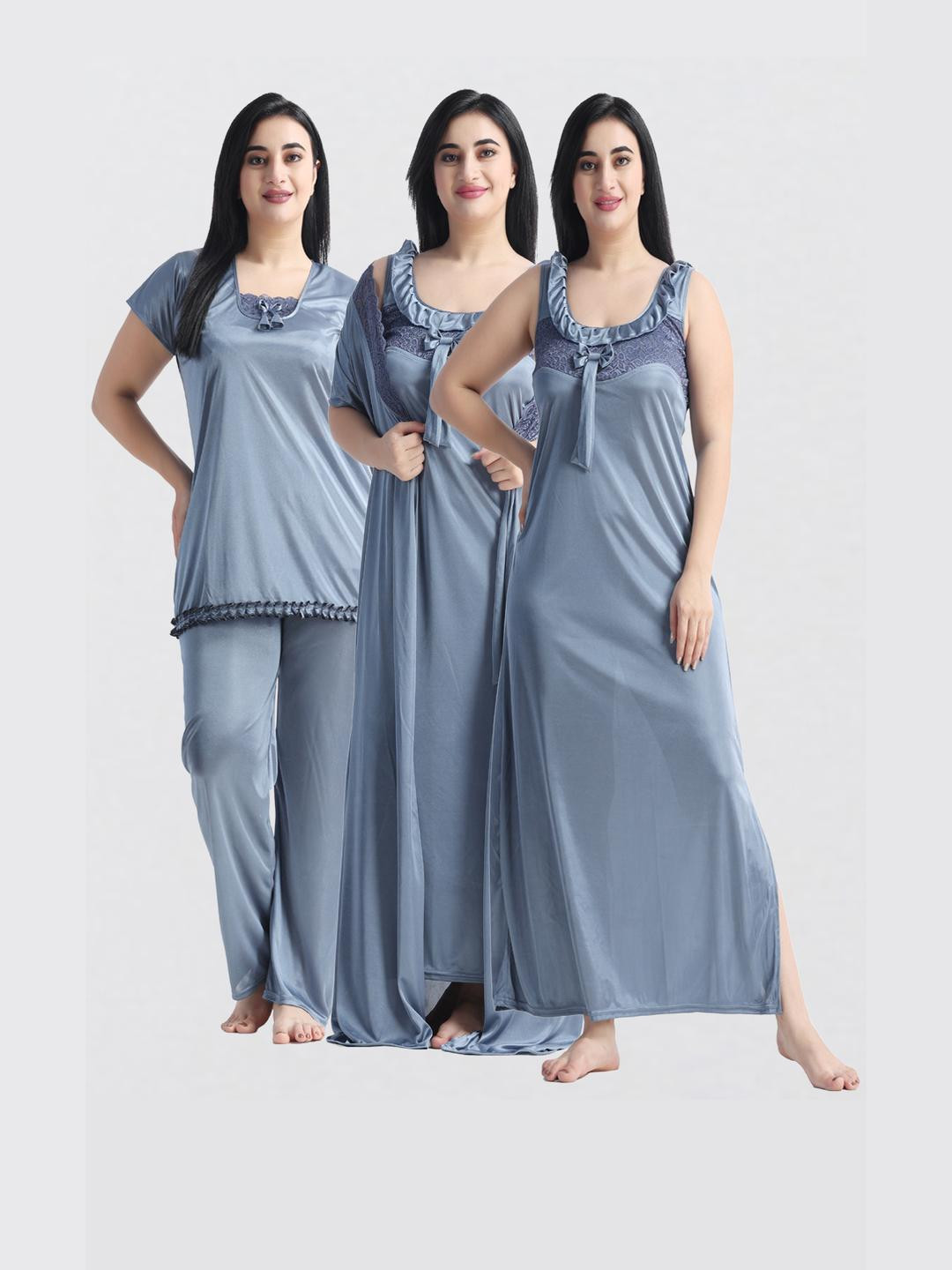 NIGHT KEYS Women Satin Nighty With Robe & Night Suit