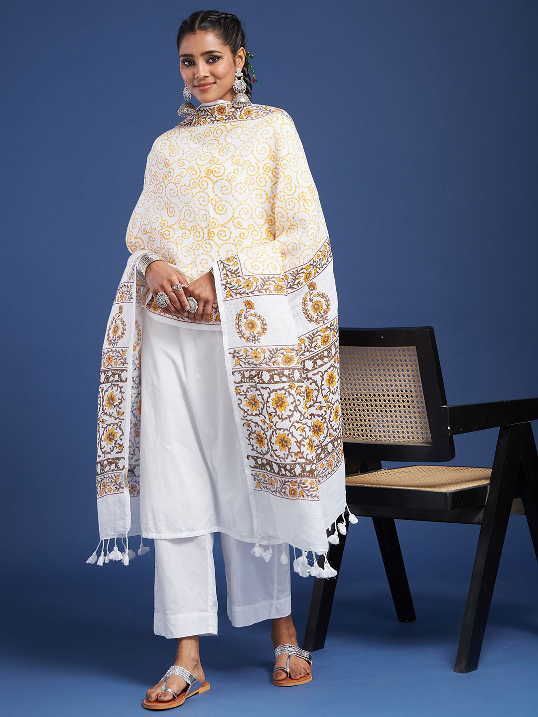 Taavi Block Printed Woven Dupatta With Pom Pom Edgings