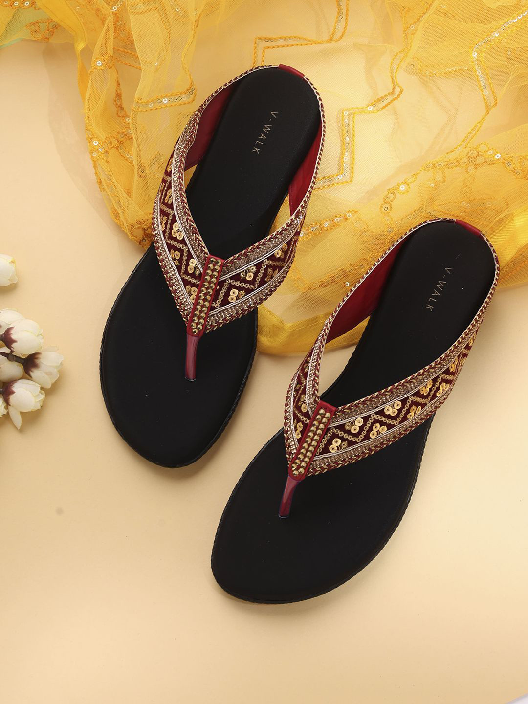 V-WALK Women Embellished T-Strap Flats