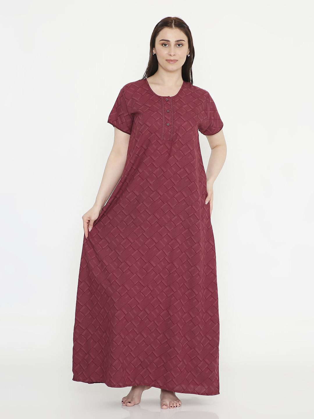 NIGHTSPREE Women Geometric Printed Maxi Regular Nightdress
