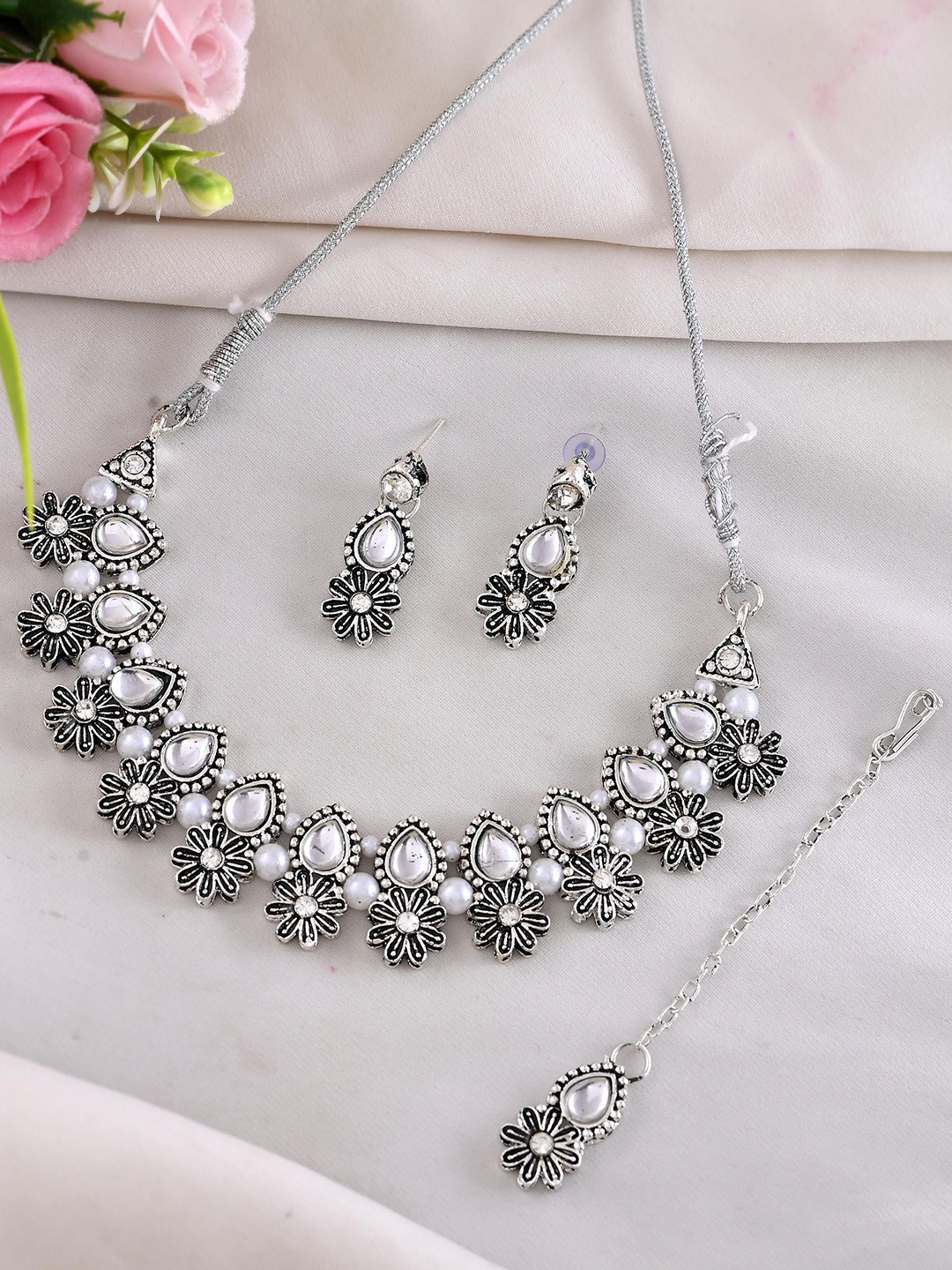Oxidized Floral Designed Stone Studded Necklace Set