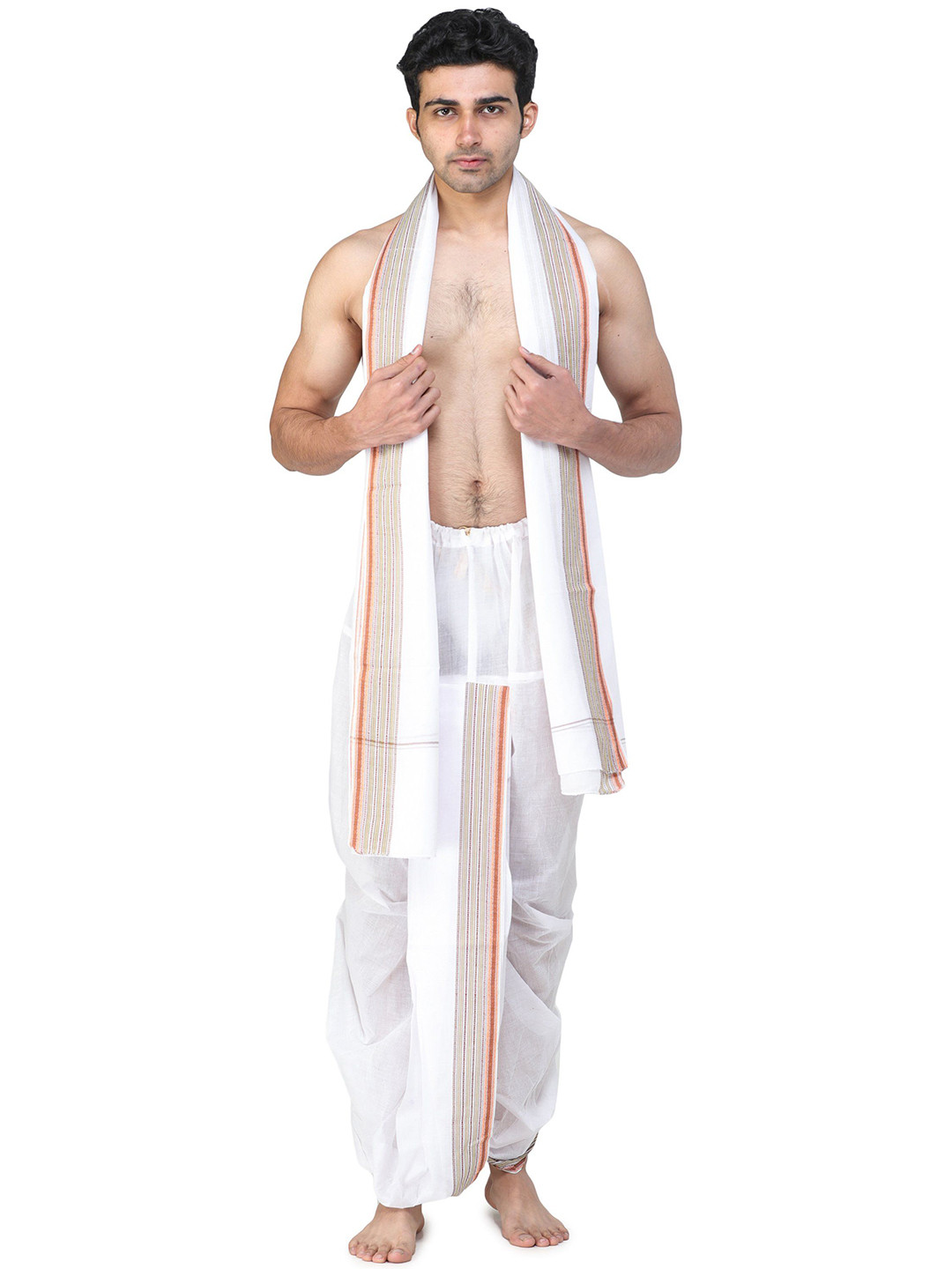 Exotic India Pure Cotton Ready to Wear Dhoti and Angavastram Set with Temple Border