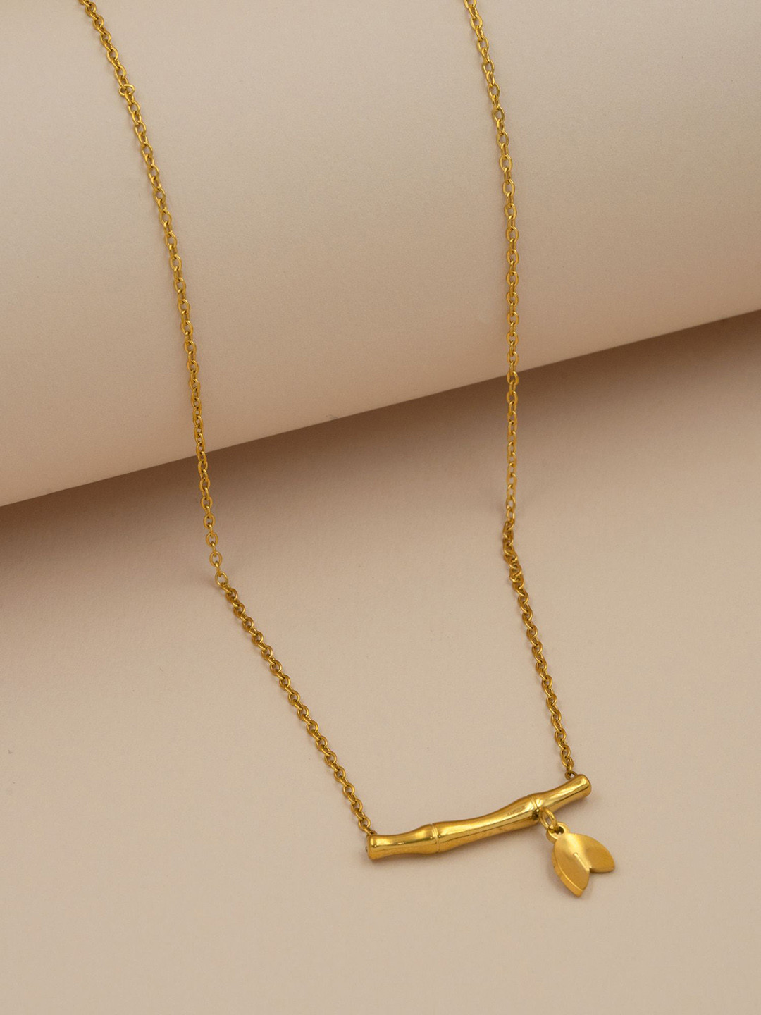 ARTKLIM Gold-Plated Stainless Steel Bamboo Leaf Pendant Chain