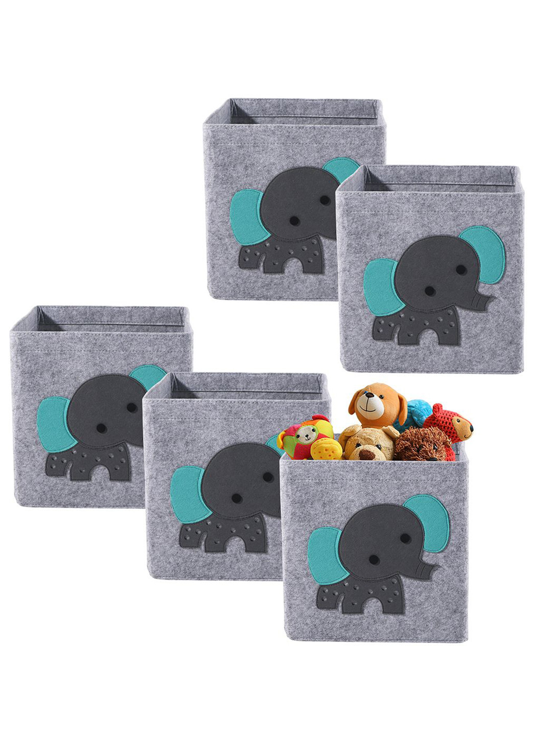 Aura Pack Of 5 Grey &Blue Elephant Design Foldable Storage Box For Clothes-24l