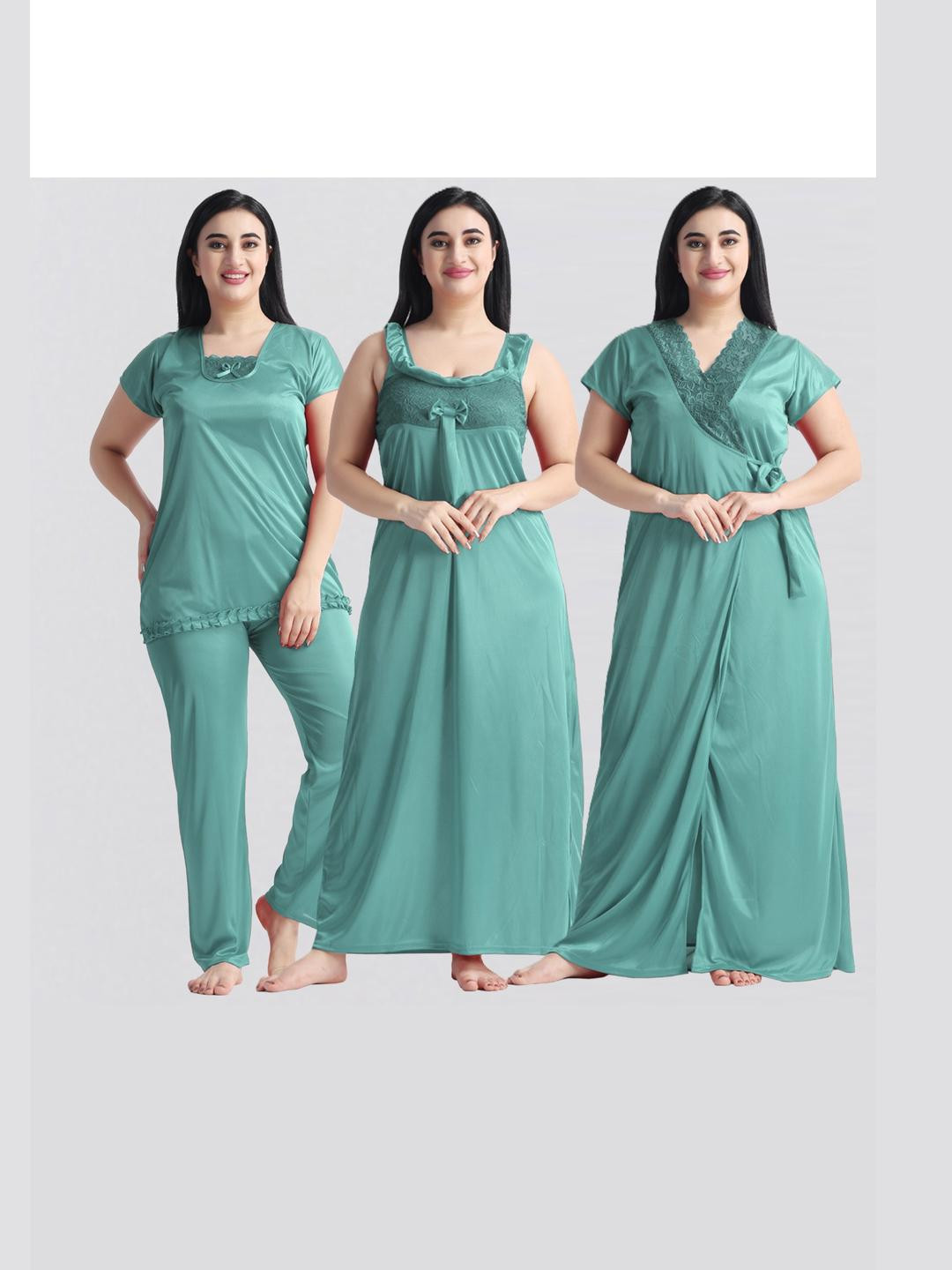 NIGHT KEYS Women Satin Nighty With Robe & Night Suit