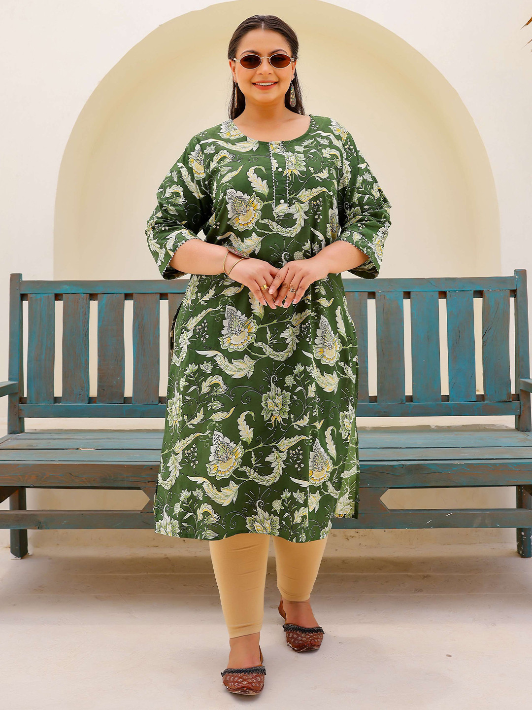 FLAVIA CREATION Plus Size Ethnic Motifs Printed Round Neck Straight Cotton Kurta