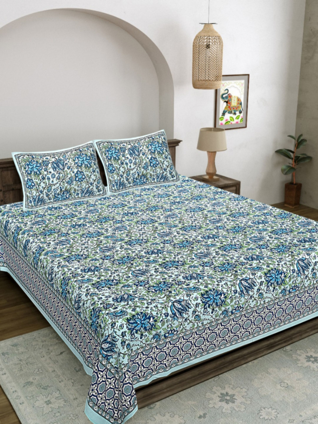 LIVING ROOTS Blue Floral Printed Cotton 300 TC King Bedsheet Set- 2.64 m x 2.43 m