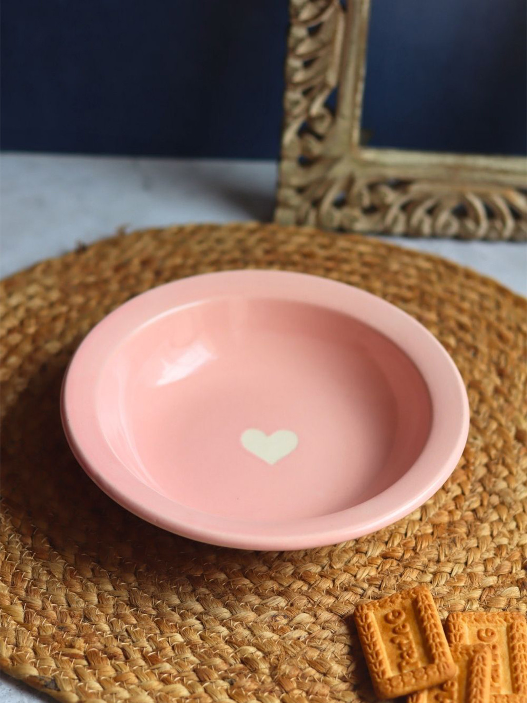 WEAVING HOMES Heart Pink & White Printed Ceramic Pasta Plate