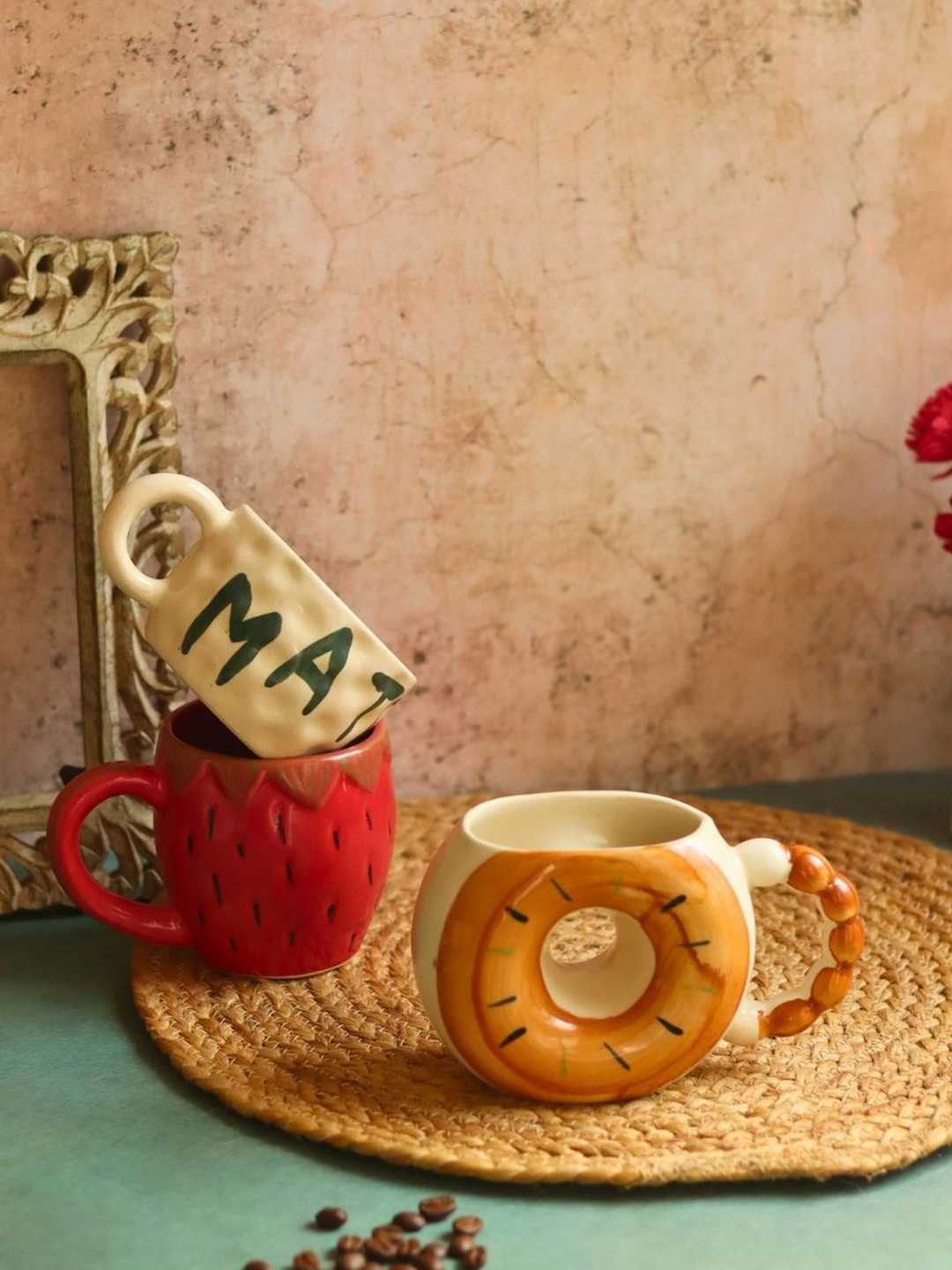 WEAVING HOMES Red & Off White 3 Pieces Printed Ceramic Glossy Mugs