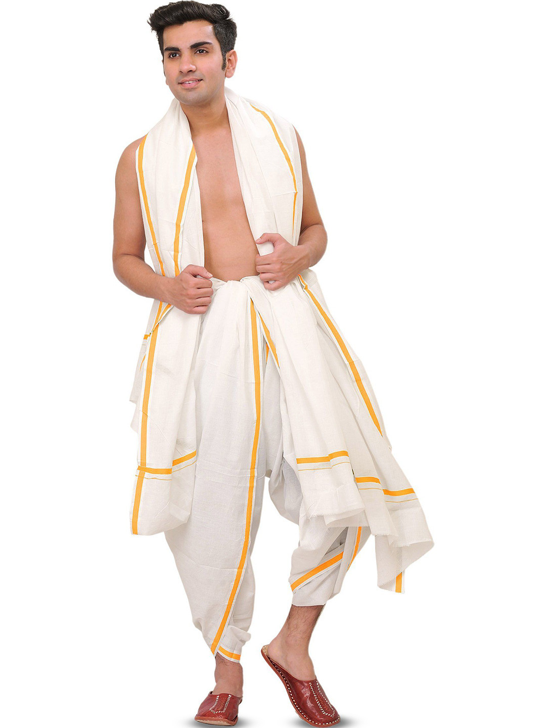Exotic India Men Pure Cotton Plain Dhoti and Angavastram Set with Striped Border