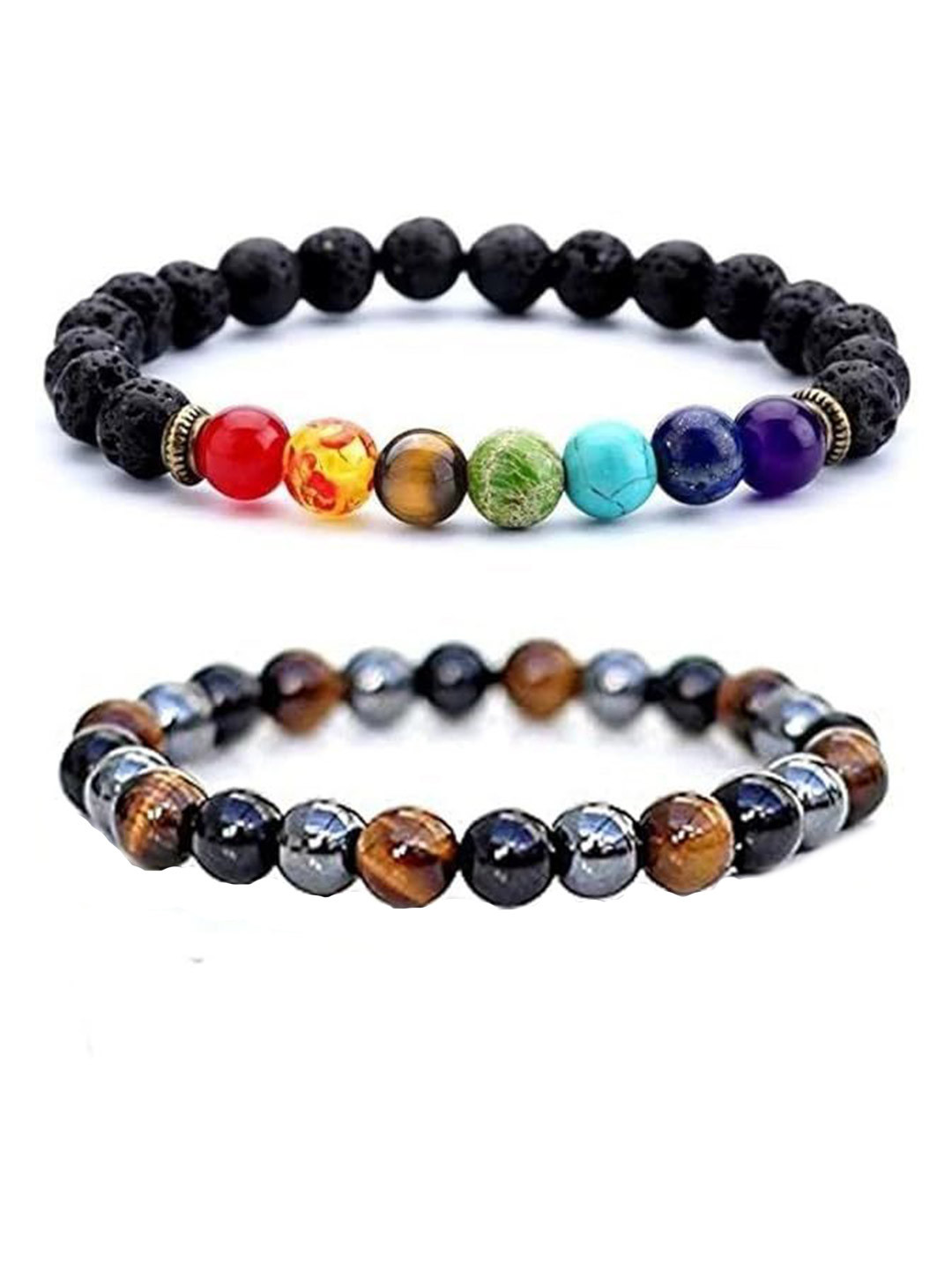 Lovemi Movements Unisex Set Of 2 7 Chakra Tiger Eye Hematite Beaded Elasticated Bracelets