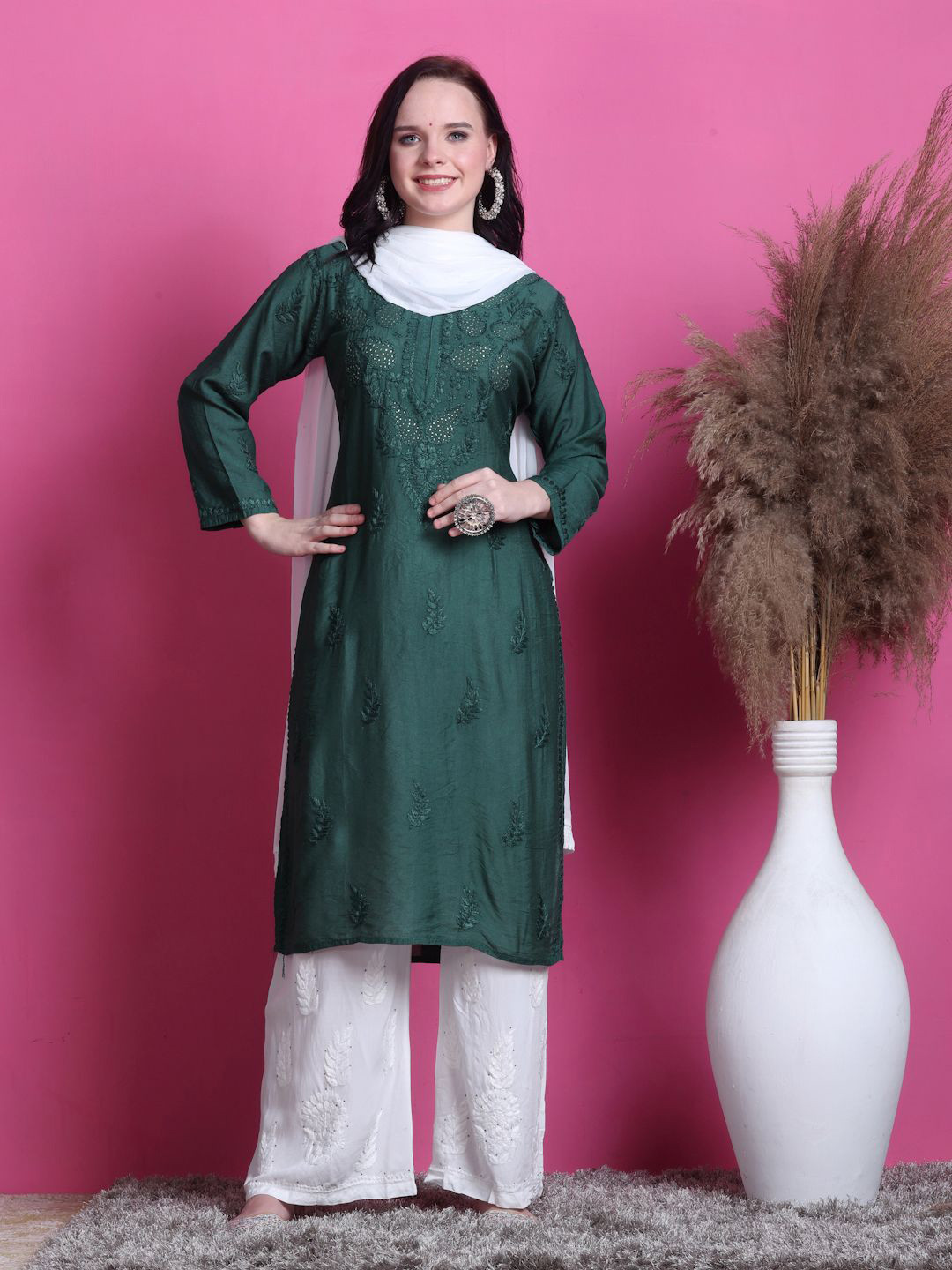 KHAKA Women Ethnic Embroidered Chikankari Kurta With Trousers And Dupatta