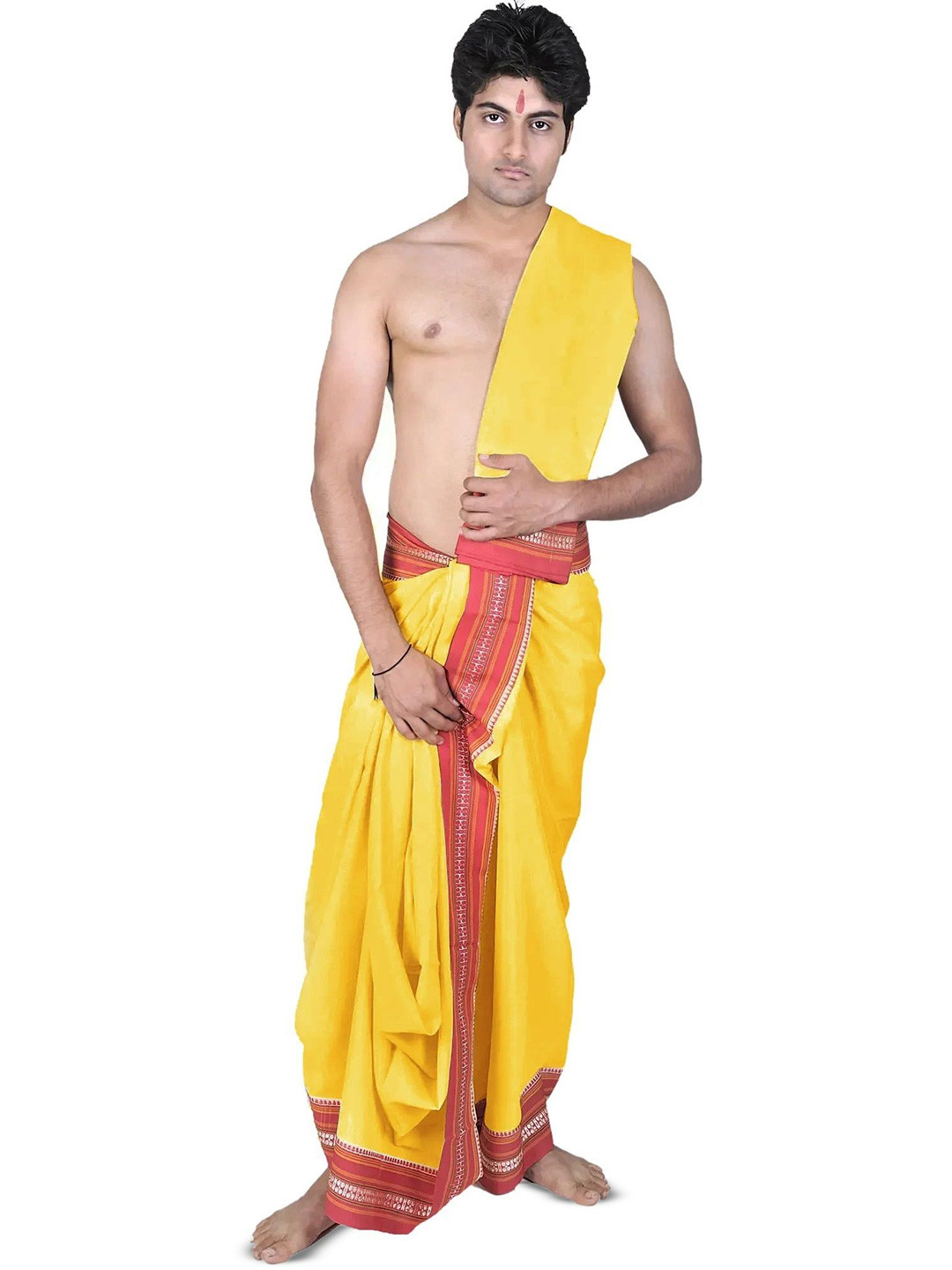 Exotic India Men Viscose Dhoti and Veshti Set with Temple Border