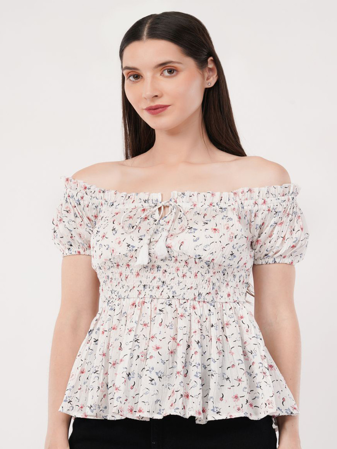 Ekika Women Floral Printed Smocking Off-Shoulder Top