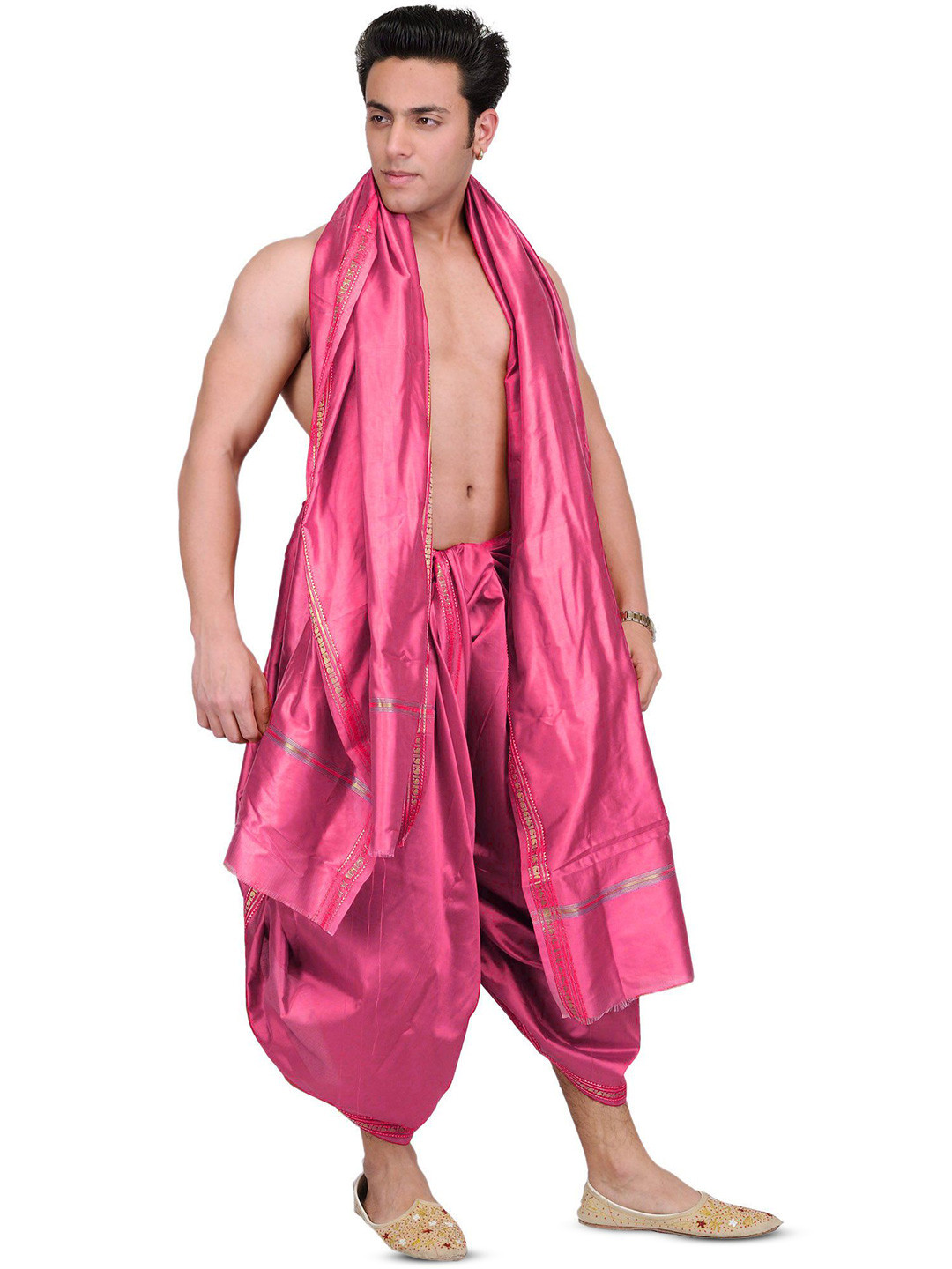 Exotic India Men Art Silk Dhoti and Angavastram set with Golden Woven Paisley on Border