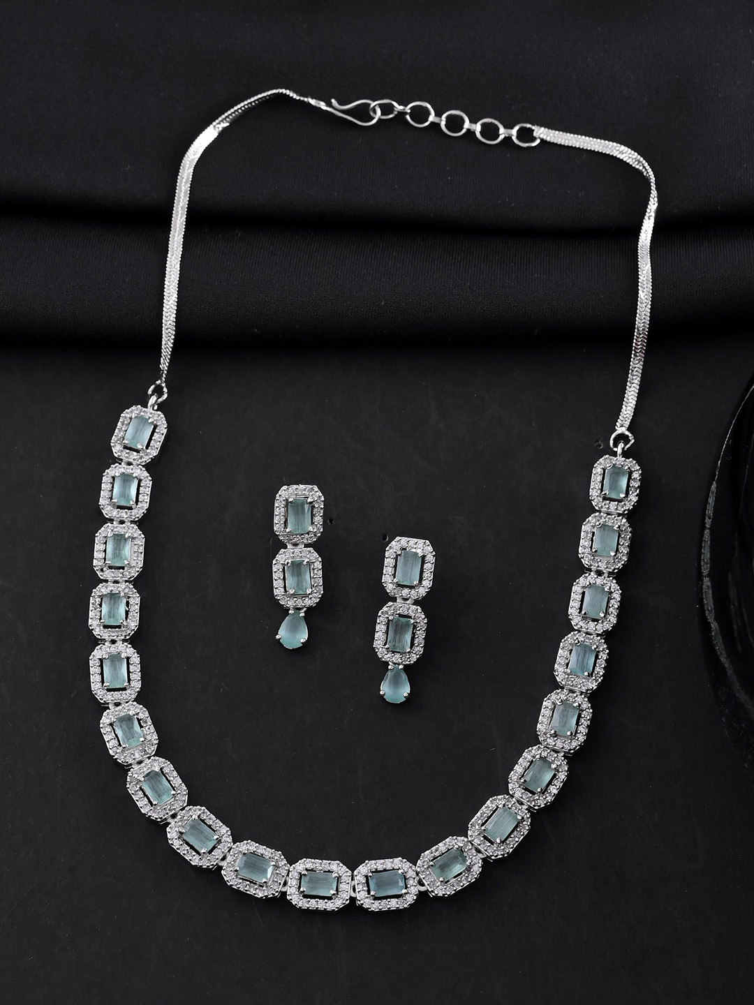 Silver Plated Sea Green Stone Studded Rectangular AD Jewellery Set