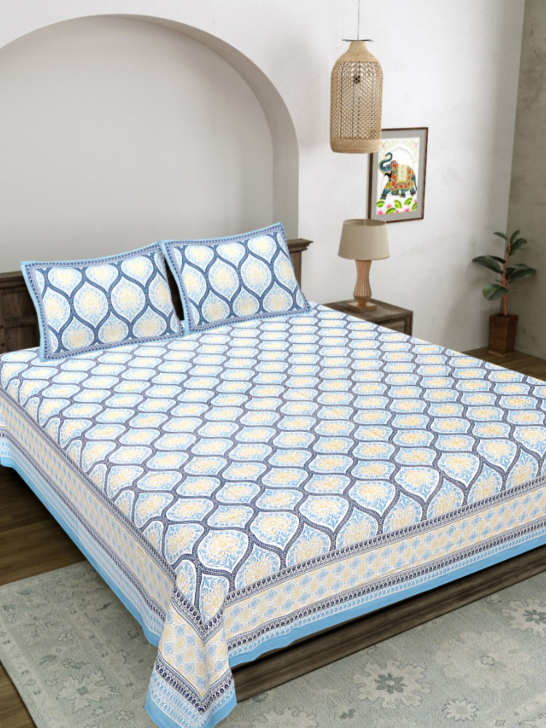 LIVING ROOTS Blue & White Floral Printed Cotton 300 TC King Bedsheet Set- 2.64 m x 2.43 m