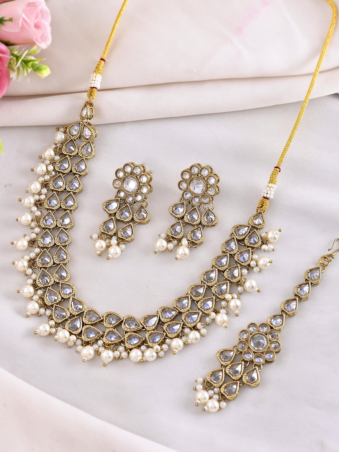 Gold-Plated White Beats Stuuded Handcrafted Jewellery Set