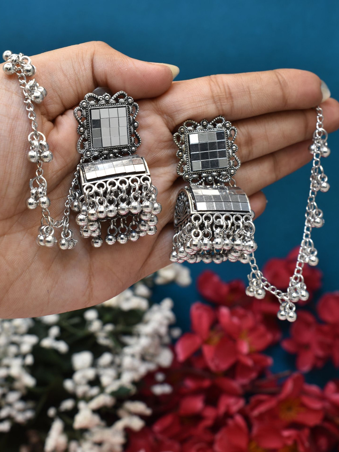 MEIRA JEWELLERY German Silver-Plated Studded & Beaded Oxidised Dome Shaped Jhumkas